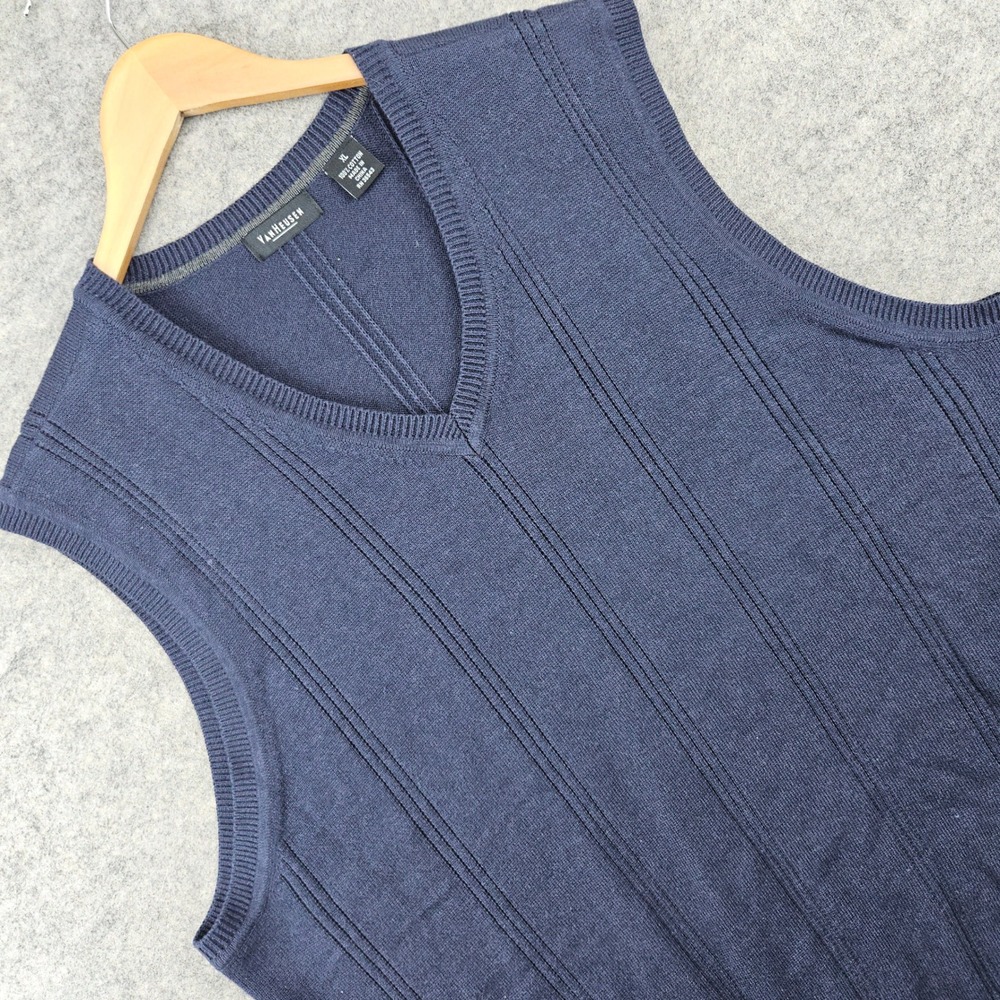 Van Heusen Sweater Vest Men's XL Navy Blue V-Neck Cotton Textured Stripe Fall